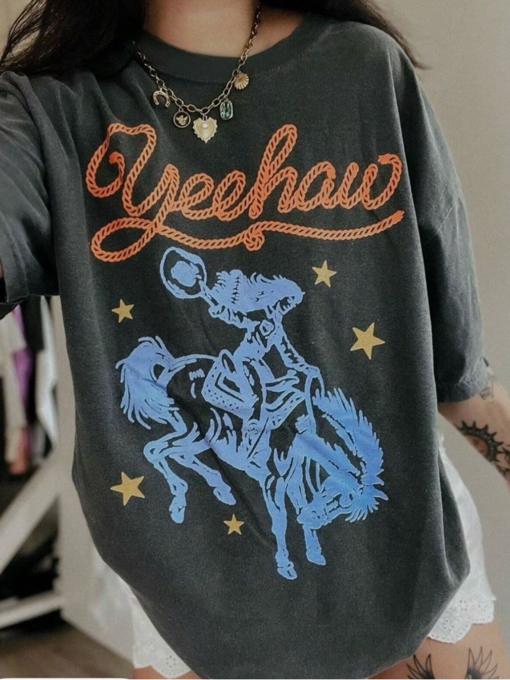 Yeehaw Graphic Tee - Charcoal with Orange & Light Blue